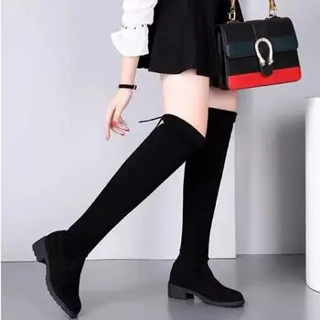 AJGS Women Boots Winter Black Over The Knee Boots Comfort Lace Up Chunky High Heels Shoes Fashion Warm Suede Round Toe Boots 35 чёрный
