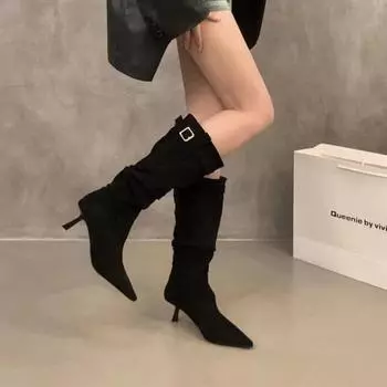 AJGS Women Knee High Boots Autumn Winter Female Shoes Fashion Female Slip-on Folds Heel Round Toe Flat Long Boots 35 хаки