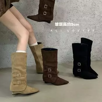 AJGS Women s Mid-calf Wedge Boots Shoes Spring and Autumn Women s Knee-Length Western Cowboy Boots Women s Footwear 5cm 35 абрикосовый