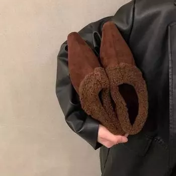 AJGS женские меховые остроносые ботильоны на плоской подошве зимние короткие плюшевые хлопковые туфли 2025 года тренд теплые сексуальные дизайнерские 35 чёрный