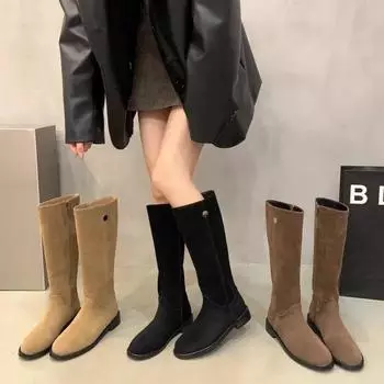 AJGS Зимние повседневные женские сапоги до середины икры Туфли на квадратном каблуке без застежек Большие размеры Низкий каблук Боковая молния Женские сапоги до колена 35 хаки