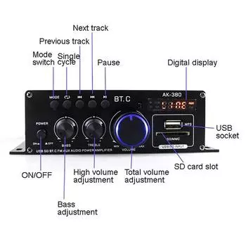 AK380 800 Вт Bluetooth усилитель аудио караоке домашний кинотеатр усилитель 400 Вт*2 2-канальный усилитель мощности класса D USB SD AUX