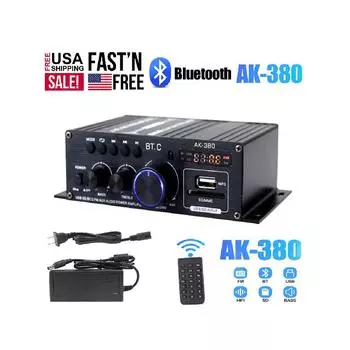 AK-380 Усилитель мощности звука, Bluetooth 5.0 Усилитель мощности звука 400 Вт + 400 Вт 2.0 CH HiFi стерео усилитель приемник с блоком питания 12 В 5 А, пульт дистанционного управления чёрный