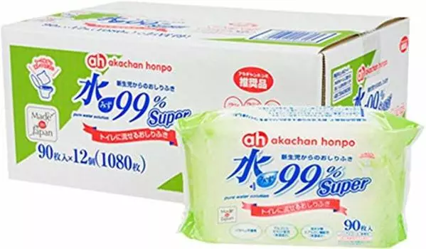 Akachan Honpo Akachan Honpo Water суперсмываемые детские салфетки, 90 листов x 12 штук 99%