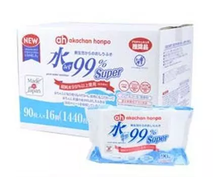 Akachan Honpo Water Super Wet Wipes для новорожденных 90 листов x 16 шт. 99%
