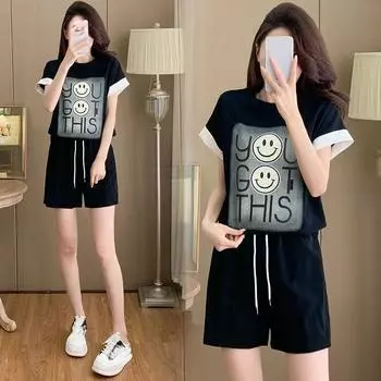 Академический стиль Повседневный забавный принт черный спортивный костюм женский летний harajuku свободная футболка с коротким рукавом и шорты y2k беговой комплект из двух предметов молодая девушка M чёрный