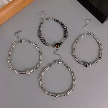 Акция на браслет унисекс, подразумевающий шарнир, гладкую регулируемую бамбуковую бусину увеличенной длины, легкий вес из нержавеющей стали A