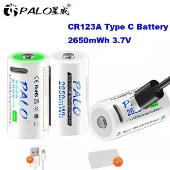 Аккумулятор PALO CR123A 2650mWh перезаряжаемый литий-ионный 16340 16350 батареи для светодиодного фонарика RCR123 батарея +USB Type-c 2Pcs battery