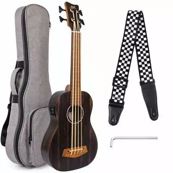 AKLOT Bass 30 Inch Ukulele Bass EADG Мягкий чехол с ремешком и медиатором в комплекте Укулеле, (Эбони Браун)