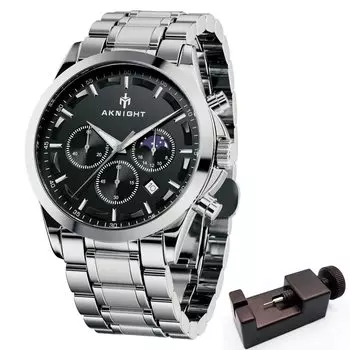 AKNIGHT Стильные мужские часы Мужские часы с люминесцентным хронографом и фиксированным безелем Аналоговые наручные часы с календарем Водонепроницаемый кожаный/нержавеющий стальной ремешок
