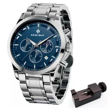 AKNIGHT Стильные мужские часы Мужские часы с люминесцентным хронографом и фиксированным безелем Аналоговые наручные часы с календарем Водонепроницаемый кожаный/нержавеющий стальной ремешок