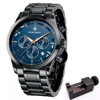 AKNIGHT Стильные мужские часы Мужские часы с люминесцентным хронографом и фиксированным безелем Аналоговые наручные часы с календарем Водонепроницаемый кожаный/нержавеющий стальной ремешок