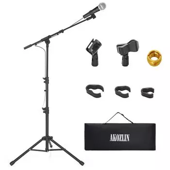 AKOZLIN Microphone Tripod Telescopic 360 Degree Height Includes 2 Types of Microphone Storage Case Great for Live Stand, Boom, Stand, Foldable, Arm, & чёрный
