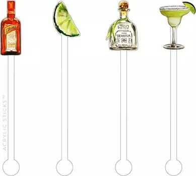 АКРИЛОВЫЕ ПАЛОЧКИ ДЛЯ РАЗМЕШИВАНИЯ, КОМБИНИРОВАННАЯ УПАКОВКА 4 ШТ., Декоративные палочки для размешивания коктейлей, акрил, моющиеся и многоразовые, без BPA