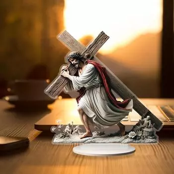 Акриловая плоская 2D статуя Иисуса и креста, настольное религиозное украшение, подходит для дома, офиса, спальни, новогодних рождественских украшений 5,91 дюйма/15 см