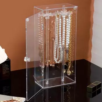 Акриловая подставка для ожерелий с пылезащитной дверцей - настольный органайзер для ювелирных изделий