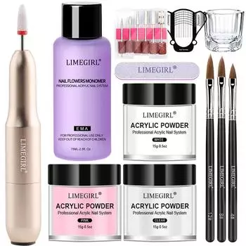 Акриловая пудра для ногтей Limegirl и жидкий мономер, набор для украшения ногтей для маникюра, набор с фрезой для ногтей, 3D инструменты для резьбы по кончикам ногтей