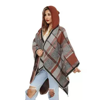 Акриловая шаль-расщепка женская утолщенная шапка накидка клетчатый шарф 130*150CM оранжевый