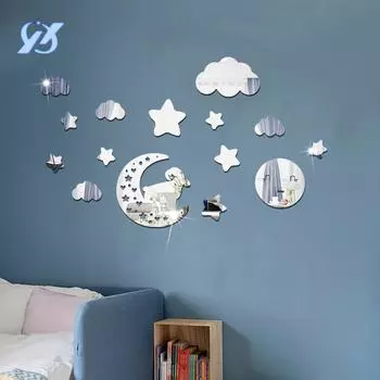 Акриловые наклейки на стену с изображением луны, звезд, серебряного ночного неба, зеркала, украшают гостиную, спальню, настенные наклейки