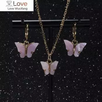 Акриловые серьги-бабочки, ожерелья с подвесками, комбинированный комплект, Япония и Южная Корея, набор украшений из сплава и цепочки в виде бабочек