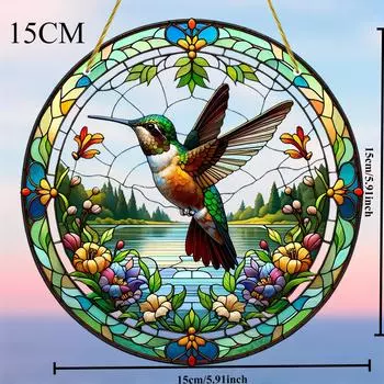 Акриловый 2D плоский колибри акриловый витражный стиль подвесной ловец для окна - Декор крыльца, настенное искусство, домашний декор, садовые принадлежности для улицы 15x15cm/5.9x5.9in