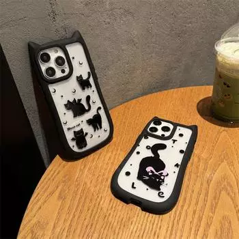Акриловый чехол для телефона с милым маленьким черным котом и кошачьими ушками для iPhone 15 Pro Max 14 Plus 13 12 Pro 11, универсальный защитный чехол от падения iPhone 15 Pro Max