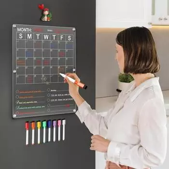 Акриловый календарь на холодильник, прозрачный ежемесячный планировщик, белая доска для холодильника, доска для сухого стирания, календарь с 6 маркерами для деловых встреч, списка покупок белый