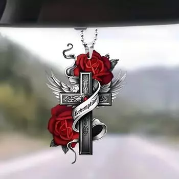 Акриловый кулон в виде креста и розы - подвеска-зеркало для автомобиля Redemption, прочный 2D-дизайн, элегантный кулон для автомобиля и сумки Rose