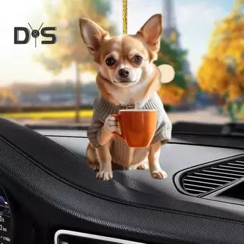 Акриловый кулон в виде щенка, пьющего чай, подвеска для украшения автомобиля, двухсторонняя подвеска в виде очаровательного животного с цифровым зрением 2D Dog