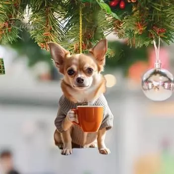 Акриловый кулон в виде щенка, пьющего чай, подвеска для украшения автомобиля, двухсторонняя подвеска в виде очаровательного животного с цифровым зрением 2D Dog