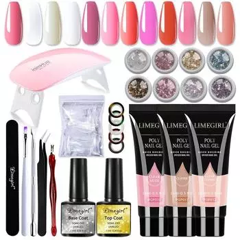 Акриловый набор Limegirl с лампой, гель для наращивания ногтей, 8 цветов, блестящий маникюрный набор для дизайна ногтей
