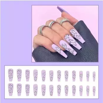 Акриловый пресс для ногтей, дизайнерское наращивание искусственных ногтей, длинные матовые фиолетовые ногти с дизайном бабочки, накладные ногти, набор из 24 предметов в комплекте