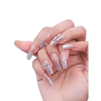 акриловый пресс для ногтей, дизайнерское наращивание искусственных ногтей светло-коричневого цвета с серебряным бантом и блестками, накладные ногти, набор из 24 предметов с маникюрным набором