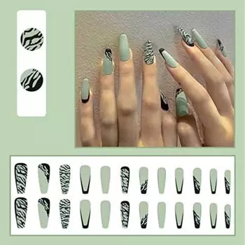 Акриловый пресс для ногтей, искусственное дизайнерское наращивание ногтей, матовый светло-зеленый комбинированный с черным дизайном, набор из 24 предметов в комплекте
