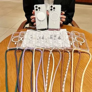 Акриловый прозрачный чехол для iPhone 16 Pro 15 Pro Max 14 13 12 11 для чехла Magsafe с цветным ремешком через плечо iPhone 15