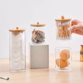 Акриловый ящик для хранения баночка для ванной комнаты Органайзер для макияжа Хлопковый круглый держатель для подушечек Коробка для ватных тампонов Держатель Qtip Диспенсер с бамбуковой крышкой