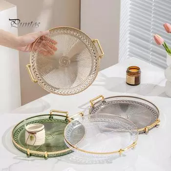Акриловый сервировочный поднос, круглое сервировочное блюдо с ручками, декор для журнального столика, десертный поднос для столовых приборов, кухонная столешница прозрачный