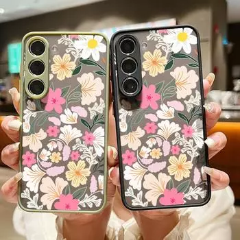 Акриловый твердый цветной матовый чехол с цветочным принтом для Samsung S25 Ultra S24 Fe S23 S22 A16 A15 A56 A55 A35, ударопрочный прозрачный защитный чехол с мягкими краями для линз Samsung S25 чёрный