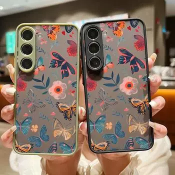 Акриловый жесткий полый матовый чехол для телефона с бабочками и цветами для Samsung S25 Ultra S24 Fe S23 S22 A16 A15 A56 A55 A35, противоударный прозрачный чехол с мягкими краями Samsung S25 чёрный