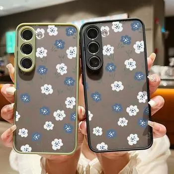 Акриловый жесткий синий цветочный узор матовый чехол для Samsung S25 Ultra S24 Fe S23 S22 A16 A15 A56 A55 A35 ударопрочный прозрачный защитный чехол для линз с мягкими краями Samsung S25 чёрный