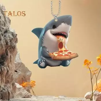 Акула ест пиццу акриловый кулон брелок зеркало заднего вида подвесное украшение мультяшная акула декор для интерьера автомобиля аксессуары серый