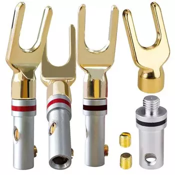 Акустические терминалы SensaBliss, позолоченные 24 карат, Y-образный штекер, 4 штекера типа «банан», тип «беспаечный» Y-образный штекер, 45-градусный аудиоразъем, 4 мм, аудиоразъем «банан»