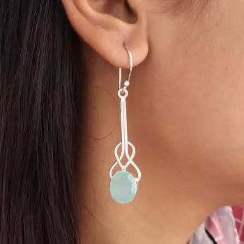 Аква Халцедон Драгоценный Камень 925 Стерлинговое Серебро Ювелирные Изделия Ручной Работы Серьги 1,76 EE-171-17