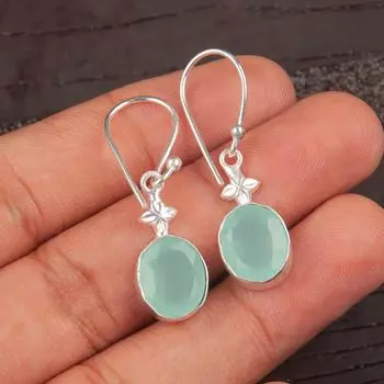 Аква Халцедон Драгоценный Камень 925 Стерлинговое Серебро Ювелирные Изделия Ручной Работы Серьги 1.30 EE-6-15