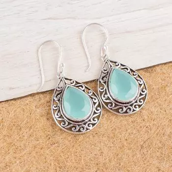 Аква Халцедон Драгоценный Камень 925 Стерлинговое Серебро Ювелирные Изделия Ручной Работы Серьги 1,72 CE-4-17