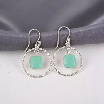 Аква Халцедон Драгоценный Камень 925 Стерлинговое Серебро Ювелирные Изделия Ручной Работы Серьги 1.60 EE-60-15