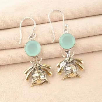 Аква Халцедон Драгоценный Камень 925 Стерлинговое Серебро Ювелирные Изделия Ручной Работы Серьги Пчелы 2 EE-154-14