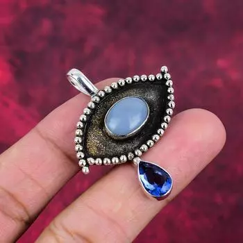 Аква Халцедон, Танзанит 925 цельный стерлинговый серебряный драгоценный камень ювелирные изделия, подвеска ручной работы, на День памяти 1.96 Inches синий