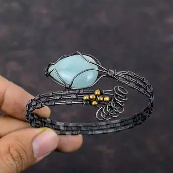 Аквамарин Браслет-манжета Медная проволока Обернутый браслет Драгоценный камень Регулируемый браслет-манжета Браслет ручной работы Медная проволока Ювелирные изделия Подарки на годовщину