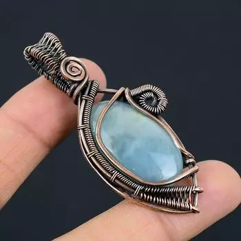 Аквамарин Драгоценный камень Медная проволока Обертывание ручной работы Кулон Ювелирный подарок 2.59 Inches бледно-синий